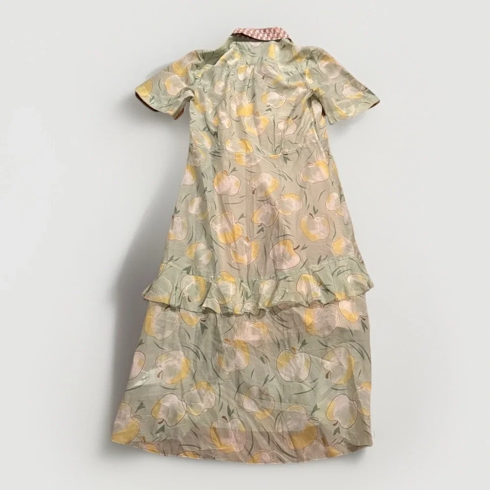 Coach Apple Print Cotton Cupro Ruffle Shirt Dress Sage Green Teacher Size 2 $700
